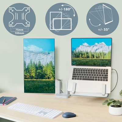 Suport pentru monitor Leitz Ergo, 2 brate ajustabile si extensibile, cu fixare pe birou, suport pentru laptop inclus, gri-carbune